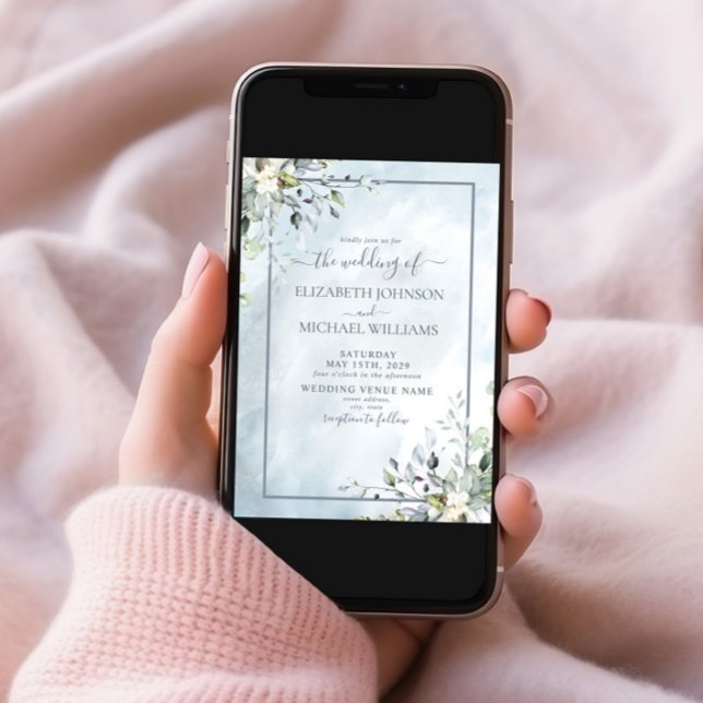 Dusty Blue Botanical Grey Watercolor Script Inbjudningar (Skapare uppladdad)