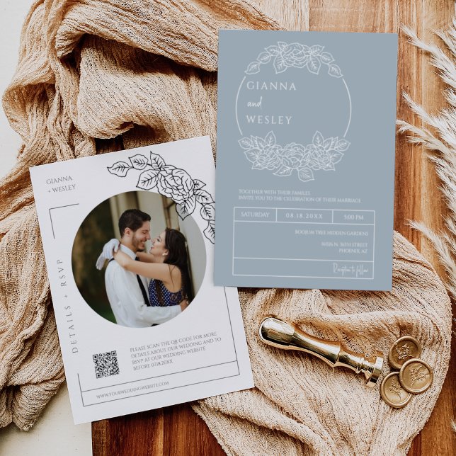 Dusty Blue Botanical Line Art Boho QR-kodfoto Inbjudningar (Skapare uppladdad)