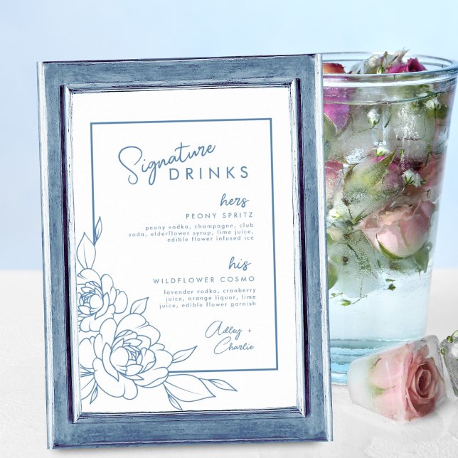 Dusty Blue Botanical Namnteckning Drink Bröllop-te Poster (Skapare uppladdad)