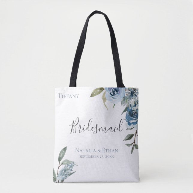 Dusty Blue Botanical Personlig Bridesmaid Tygkasse (Framsida)