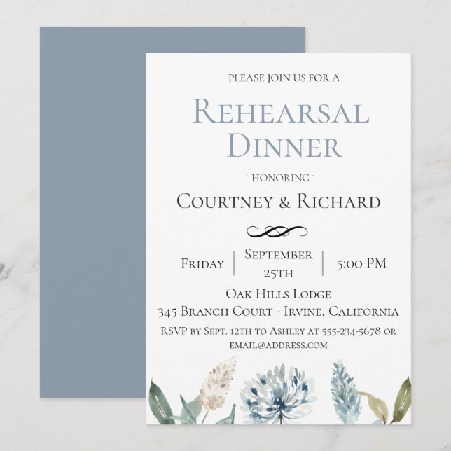 Dusty Blue Botanical Rehearsal Middagsinbjudan Inbjudningar (Fram/baksida)