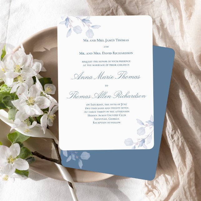 Dusty Blue Botanical Traditional Wedding Invite Inbjudningar (Dusty blue botanical wedding invitation with both families hosting and classic wording.)