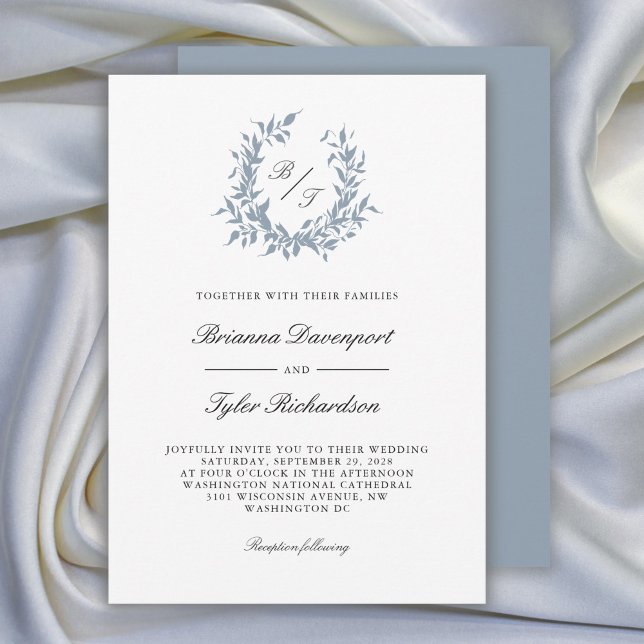 Dusty Blue Botanical Vapensköld Monogram Bröllop Inbjudningar (Available in both printed and paperless digital download formats.)