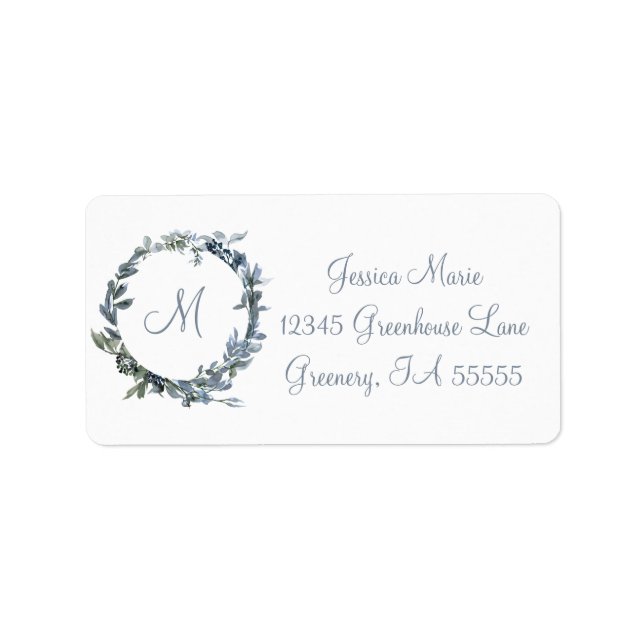 Dusty Blue Botanical Wandean Monogram Adressetikett (Framsidan)