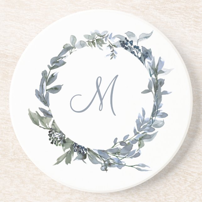 Dusty Blue Botanical Wandean Monogram Underlägg (Framsidan)