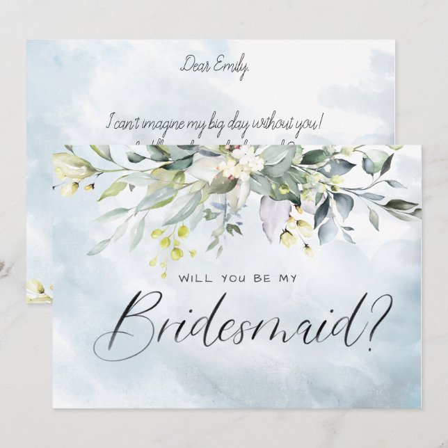 Dusty Blue Botanical Watercolor Script Bridesmaid Inbjudningar (Fram/baksida)