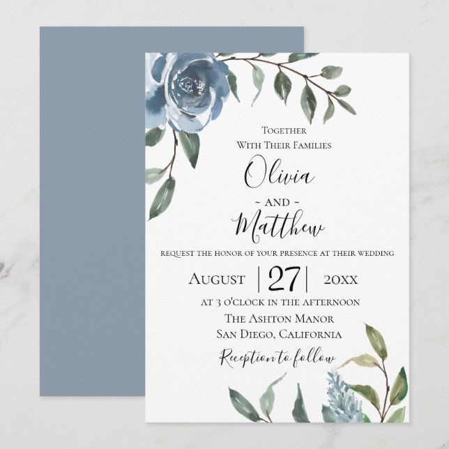 Dusty Blue Botanical Wedding bjudande Inbjudningar (Fram/baksida)