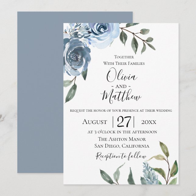 Dusty Blue Botanical Wedding bjudande Inbjudningar (Fram/baksida)