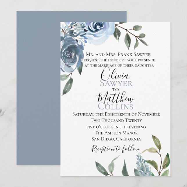 Dusty Blue Botanical Wedding bjudande Inbjudningar (Fram/baksida)