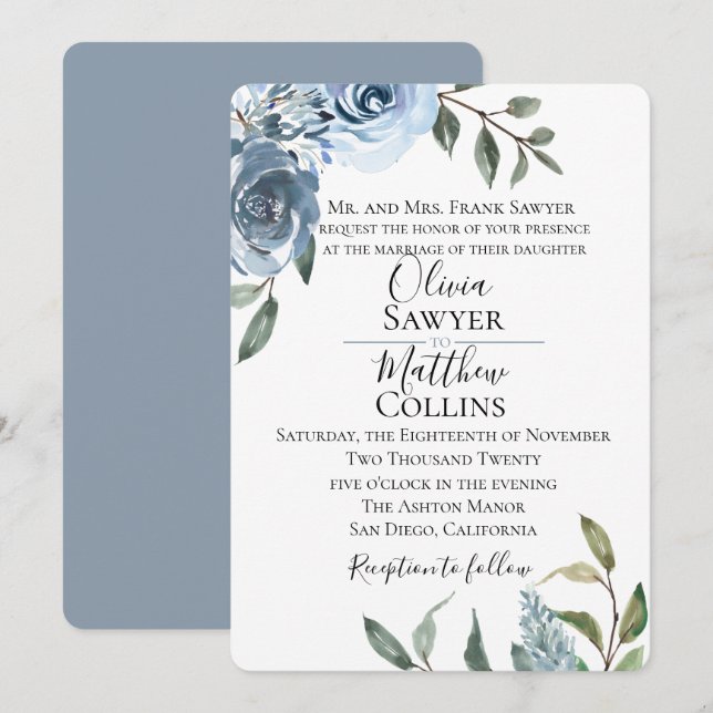 Dusty Blue Botanical Wedding bjudande Inbjudningar (Fram/baksida)