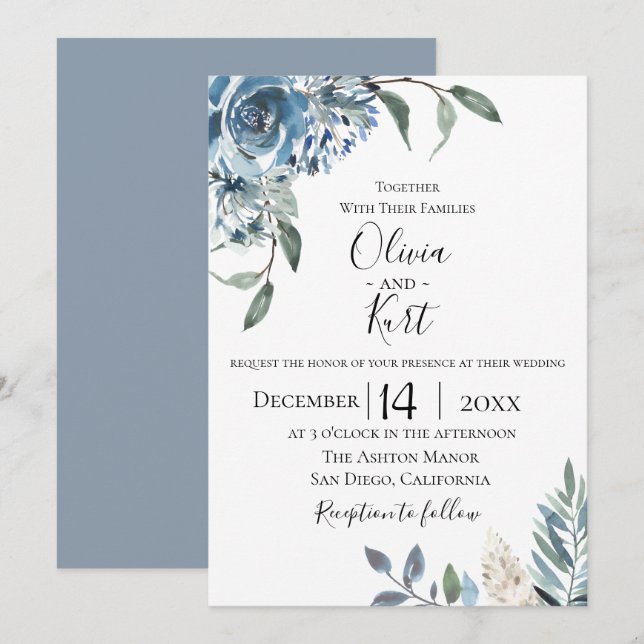Dusty Blue Botanical Wedding bjudande Inbjudningar (Fram/baksida)