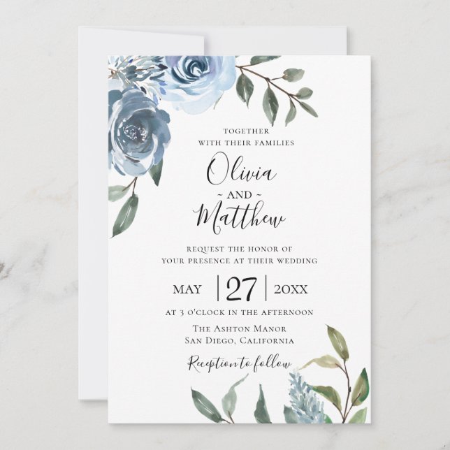 Dusty Blue Botanical Wedding bjudande Inbjudningar (Framsida)