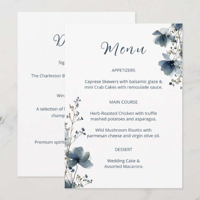 Dusty Blue Botanical Wedding Meny (Fram/baksida)