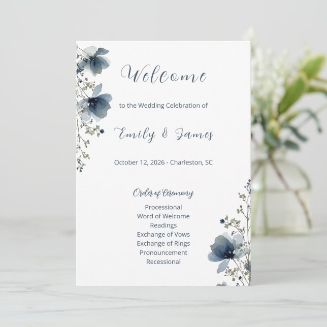 Dusty Blue Botanical Wedding Program (Stående Fram)