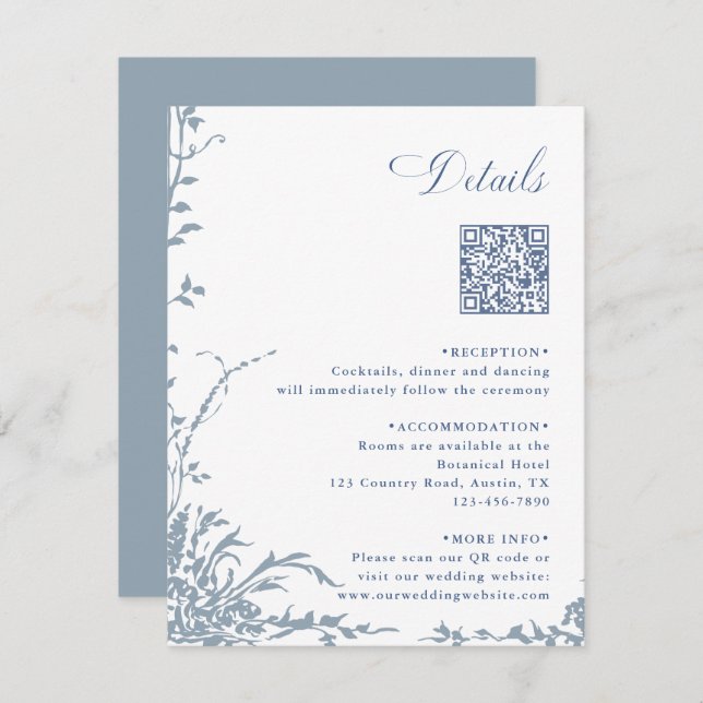 Dusty Blue Botanical Wedding QR Code Details Tilläggskort (Fram/baksida)