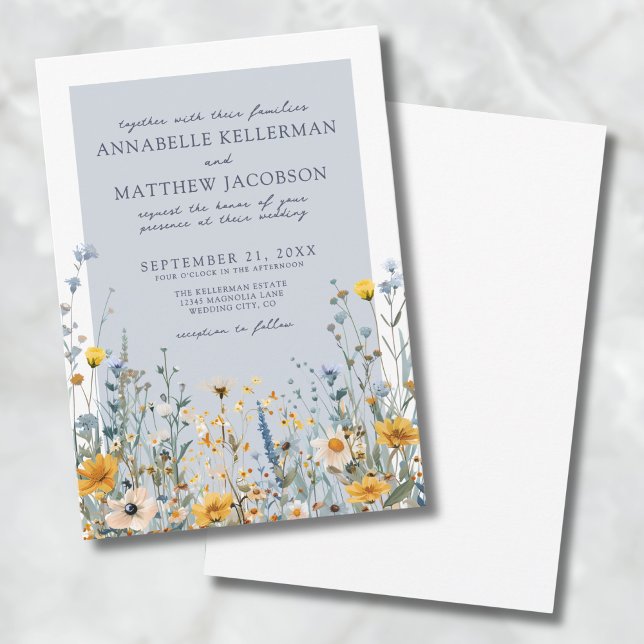 Dusty Blue Botanical Wildblomma Blommigten Bröllop Inbjudningar (Dusty Blue Botanical Wildflower Floral Wedding Invitation)