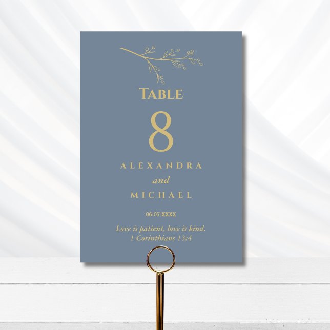 Dusty Blue Botanisk Kristet Bröllop Bordsskylt Bordsnummer (Skapare uppladdad)