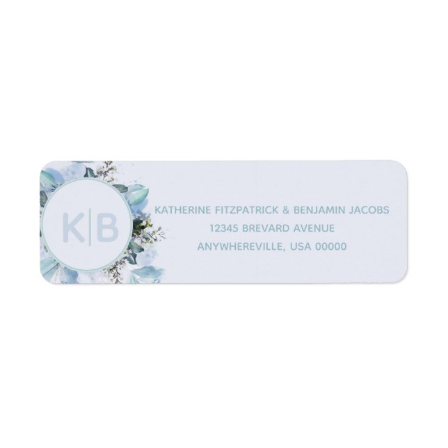Dusty Blue Botaniska Monogram Returadress Etikett (Framsidan)