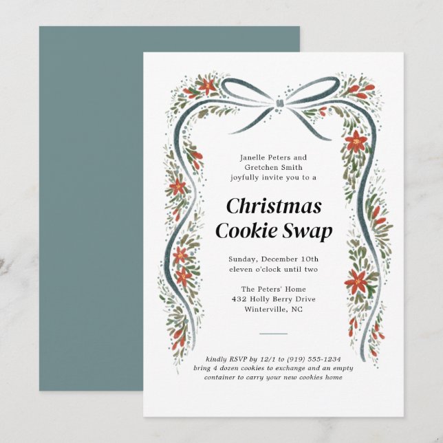 Dusty Blue Bow and Poinsettias God Jul Helgdag Inbjudningar (Fram/baksida)