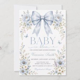 Dusty Blue Bow Baby i Knopp Blommig Bebis Shower Inbjudningar
