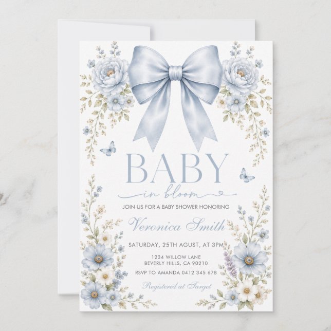 Dusty Blue Bow Baby i Knopp Blommig Bebis Shower  Inbjudningar (Framsida)