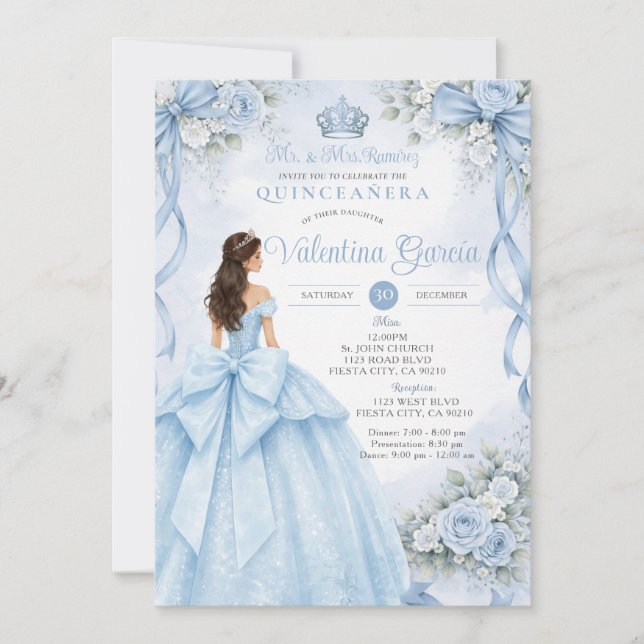 Dusty Blue Bow Blommig Quinceañera-inbjudan Inbjudningar (Framsida)