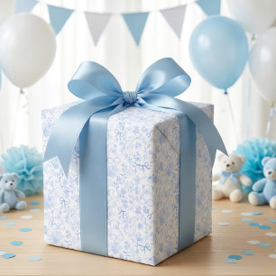 Dusty Blue Bow Blommig Vintage Pojke Baby Shower Presentpapper