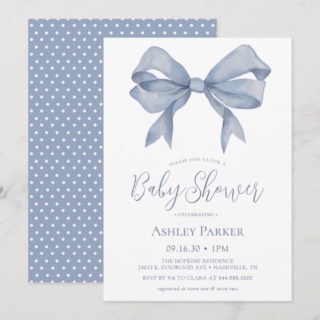 Dusty Blue Bow Boy Baby Shower-inbjudan Inbjudningar (Fram/baksida)