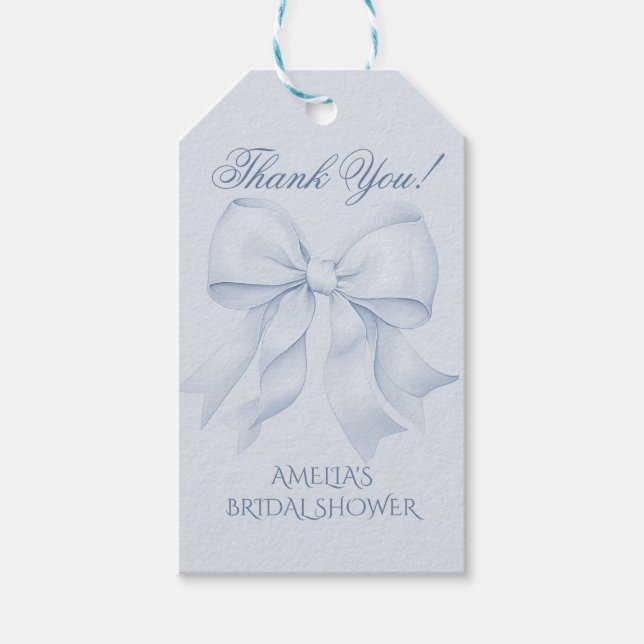 Dusty Blue Bow Bröllopsfest Tack Presentetikett (Framsidan)