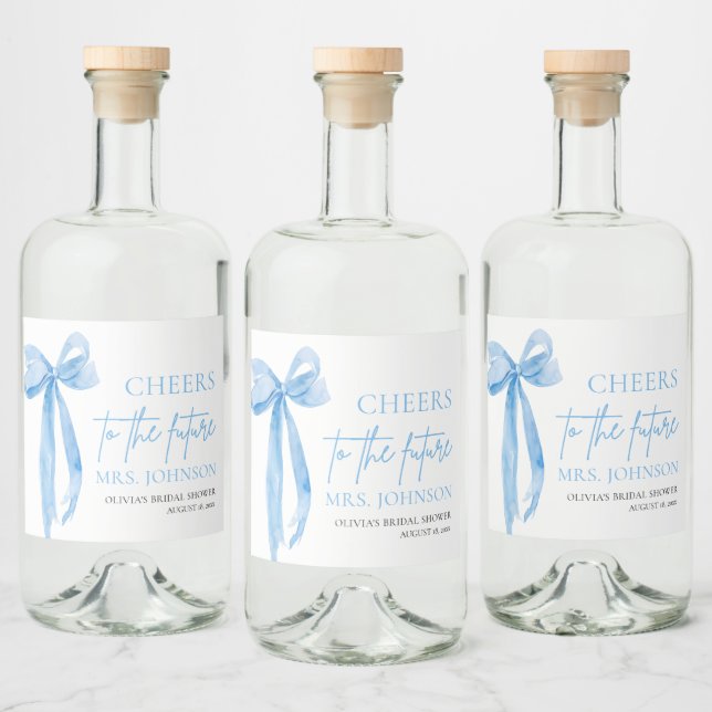 Dusty Blue Bow Cheers till den framtida Möhippan Spritflaskor Etikett (Flaskor)
