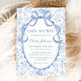 Dusty Blue Bow Chinoiserie Blommigt Baby Shower Inbjudningar