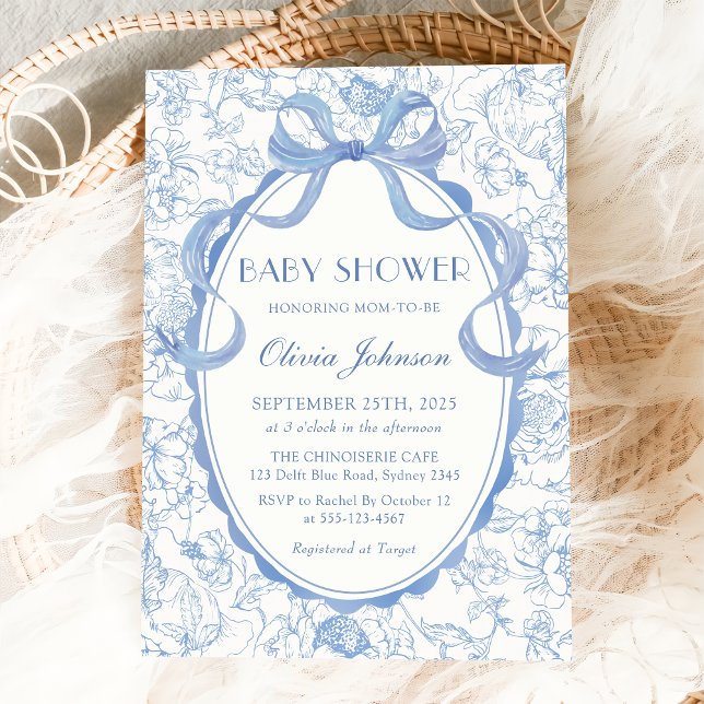 Dusty Blue Bow Chinoiserie Blommigt Baby Shower Inbjudningar (Skapare uppladdad)