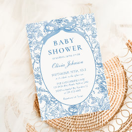 Dusty Blue Bow Chinoiserie Blommigt Baby Shower Inbjudningar