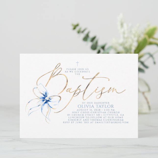 Dusty Blue Bow Elegant Minimalistisk Modern Dop Inbjudningar (Stående Fram)