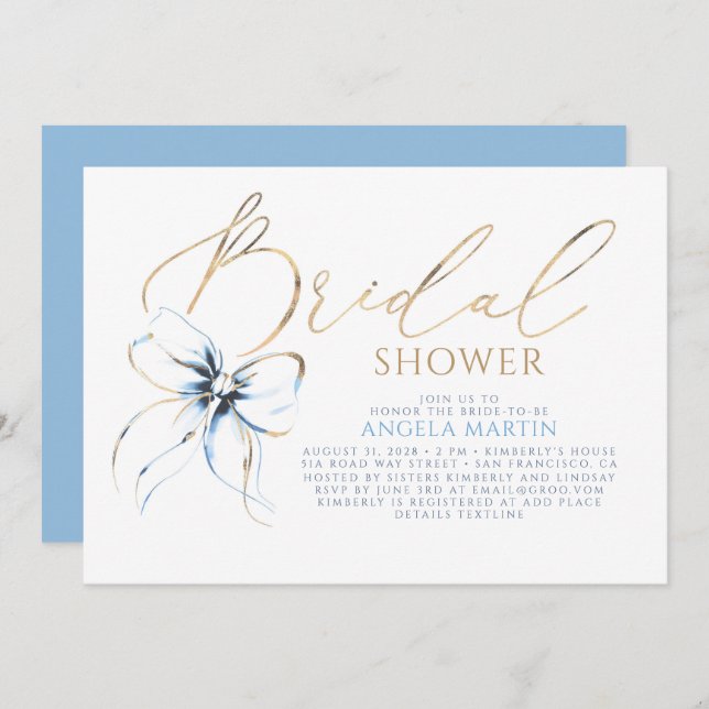 Dusty Blue Bow Elegant Romantic Bridal Shower Inbjudningar (Fram/baksida)