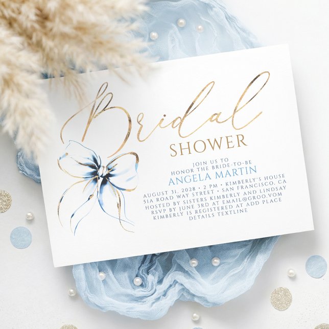 Dusty Blue Bow Elegant Romantisk Bröllopsdusch Inbjudningar (Dusty Blue Bridal Shower Invitation Elegant Romantic Whimsical Chic)