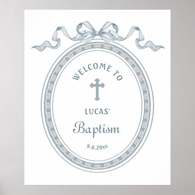 Dusty Blue Bow Grekiska Ram-baptism Poster (Framsidan)