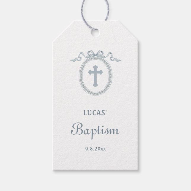 Dusty Blue Bow Grekiska Ram-Märkre Presentetikett (Framsidan)