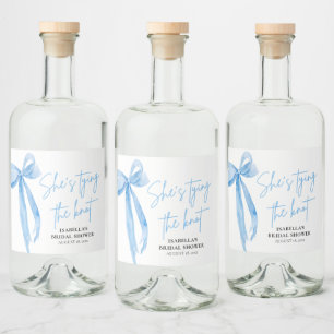 Dusty Blue Bow Hon Gifter sig Möhippa Spritflaskor Etikett