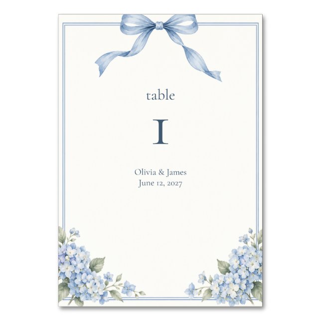 Dusty Blue Bow Hydrangea Bröllop Bordsnummer (Framsidan)