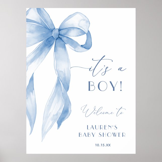 Dusty Blue Bow Its A Boy Baby Shower Welcome Sign Poster (Framsidan)