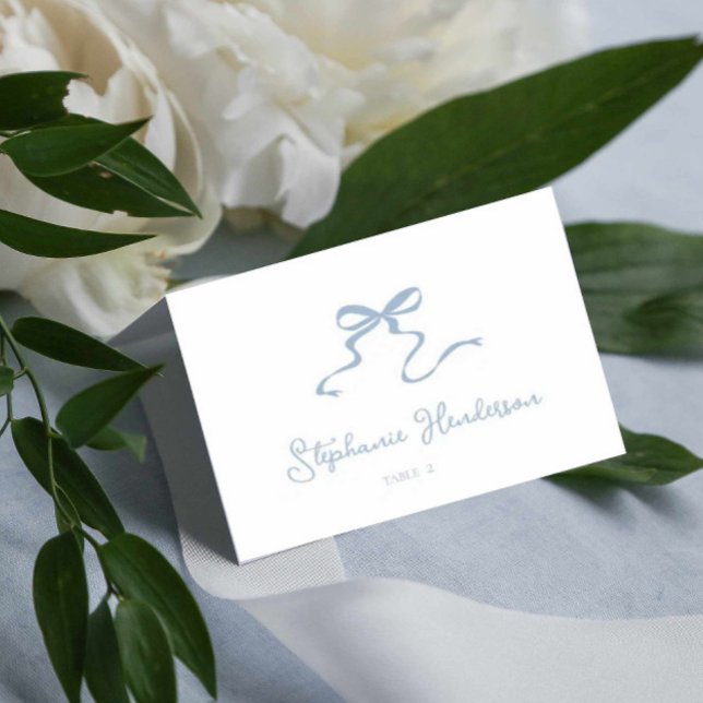 Dusty Blue Bow-mappat platskort Bordsnummer (dusty blue bow wedding tent place card/ unique bow illustration folded seating card escort card)