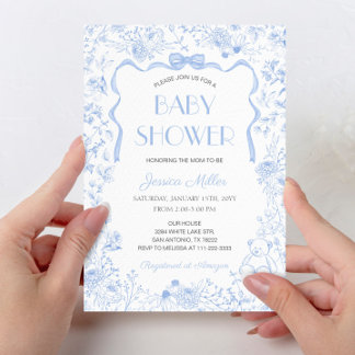 Dusty Blue Bow Toile De Jouy Boy Baby Shower Inbjudningar