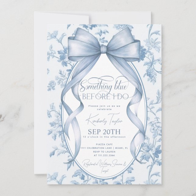 Dusty Blue Bow Toile Something Blue Bröllopsdusch Inbjudningar (Framsida)