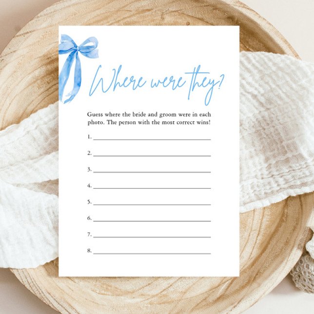 Dusty Blue Bow var de Möhippa spel Inbjudningar (Modern Watercolor Dusty Blue Bow Where Were They Bridal Shower Game)