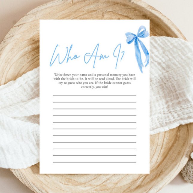 Dusty Blue Bow Vem är jag Möhippa Game Card Inbjudningar (Modern Watercolor Dusty Blue Bow Who Am I Bridal Shower Game)
