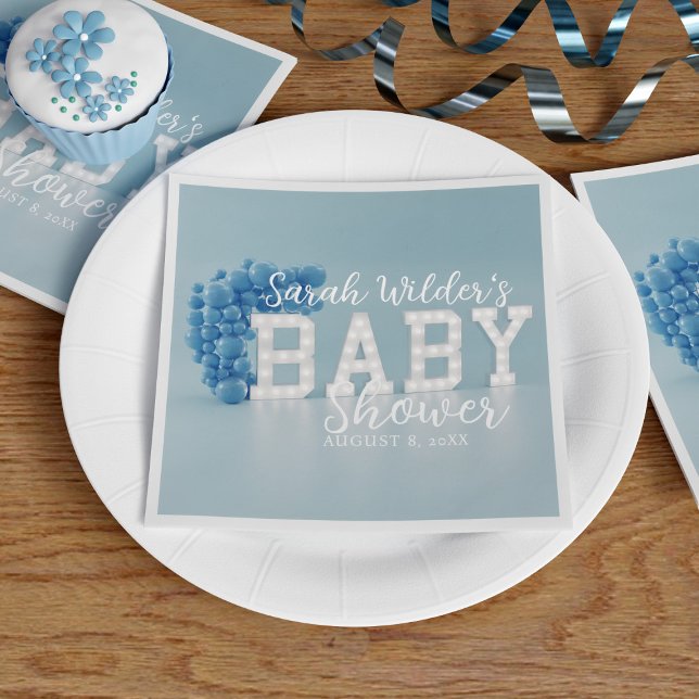 Dusty Blue Boy Balloon Arch Baby Shower Party Pappersservett (A blue baby shower paper napkin with space for your party details)