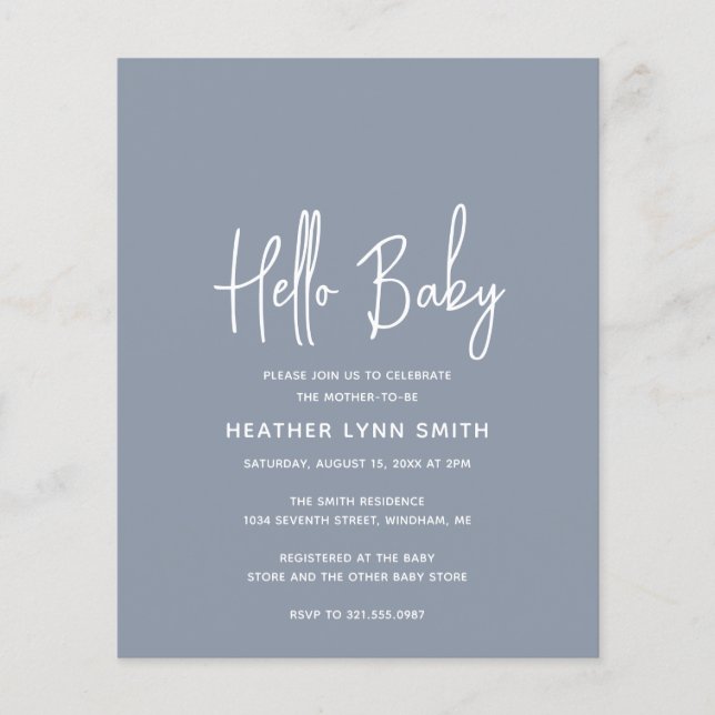 Dusty Blue Boy Budget Hej Baby Shower-inbjudan (Framsida)