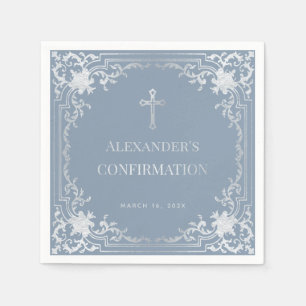 Dusty Blue Boy Confirmation Elegant Faux Silver Pappersservett