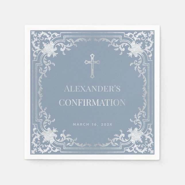 Dusty Blue Boy Confirmation Elegant Faux Silver Pappersservett (Framsidan)